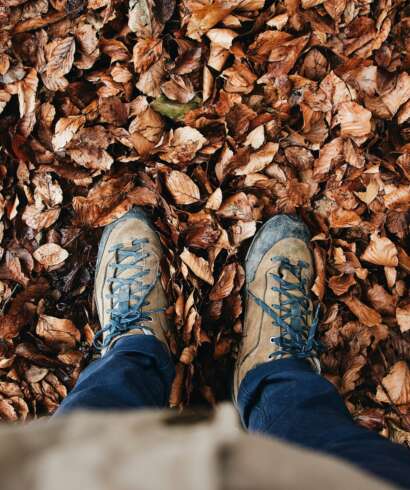 Wandelschoenen in de herfst tussen de bladeren